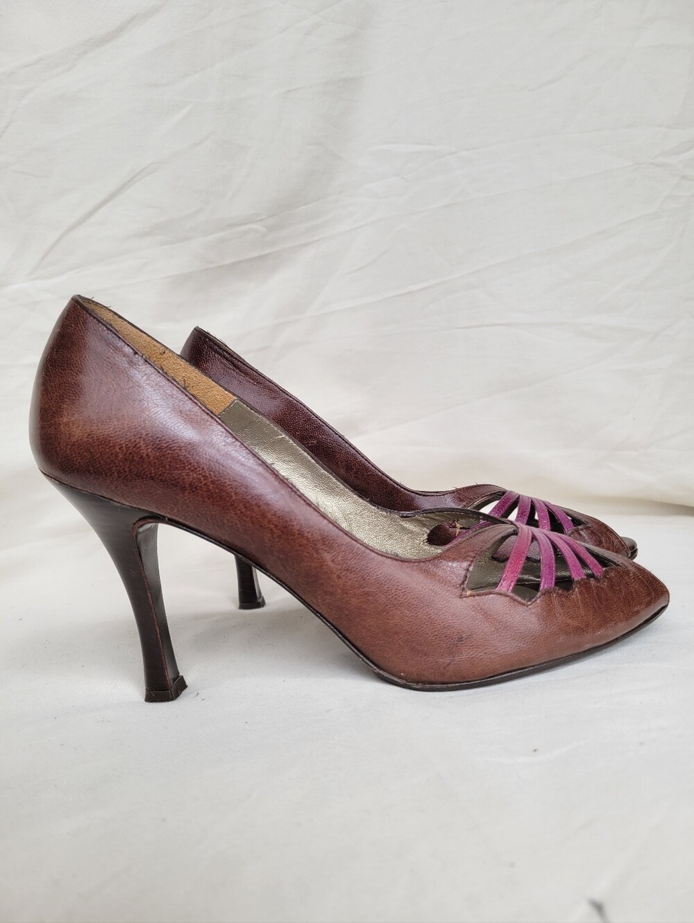 Kennth Cole New York Classic Brown Leather Peep-Toe Heels with Pink Accent